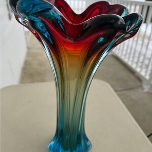 Vintage Murano Multicolor Glass Vase - Red, Blue, Orange